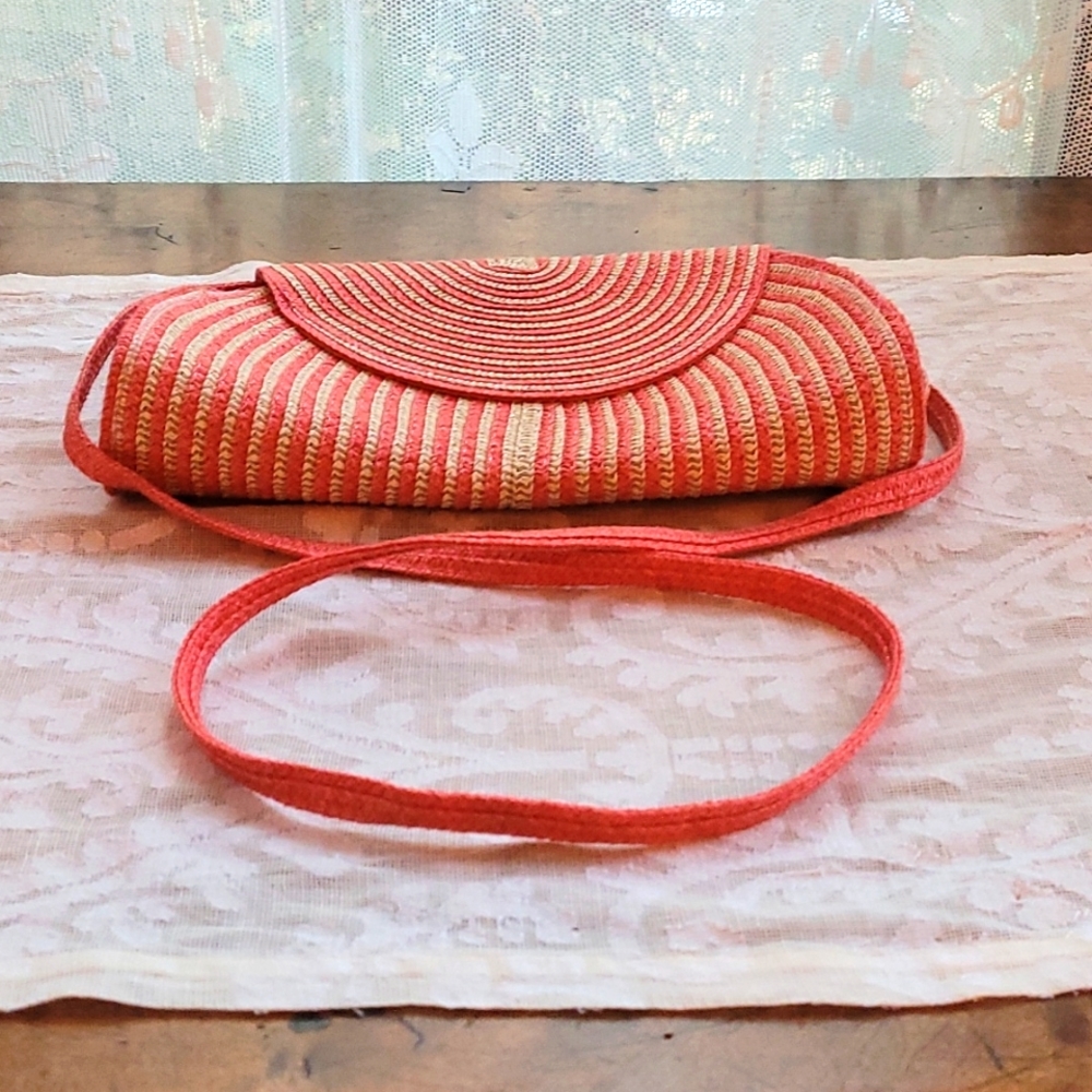 Talbots Coral and Tan Straw Bag